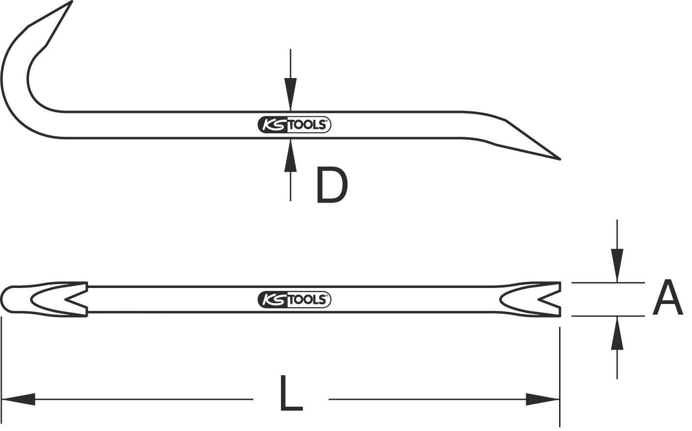 Brechesenův diagram se dvěma pohledy: horní pohled ukazuje hákovitý tvar, spodní pohled má dvojitý hrot. Rozměry: D = průměr, L = délka, A = šířka.