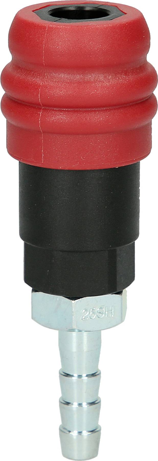 Červený a černý přívod stlačeného vzduchu s kovovým závitem, často používaný v dílnách pro připojení hadic.