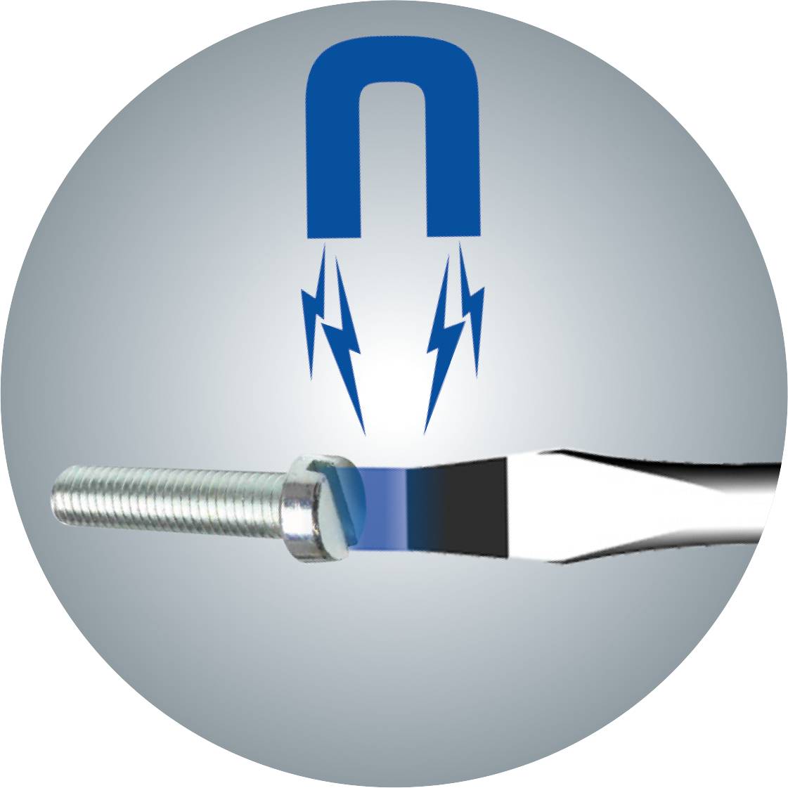 Šroubovák přitahuje šroub magnetickým hrotem. Modrý magnet a blesky symbolizují magnetickou sílu.