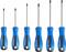 Sada šesti modrých šroubováků s černými hroty v různých velikostech, uspořádaných vertikálně.