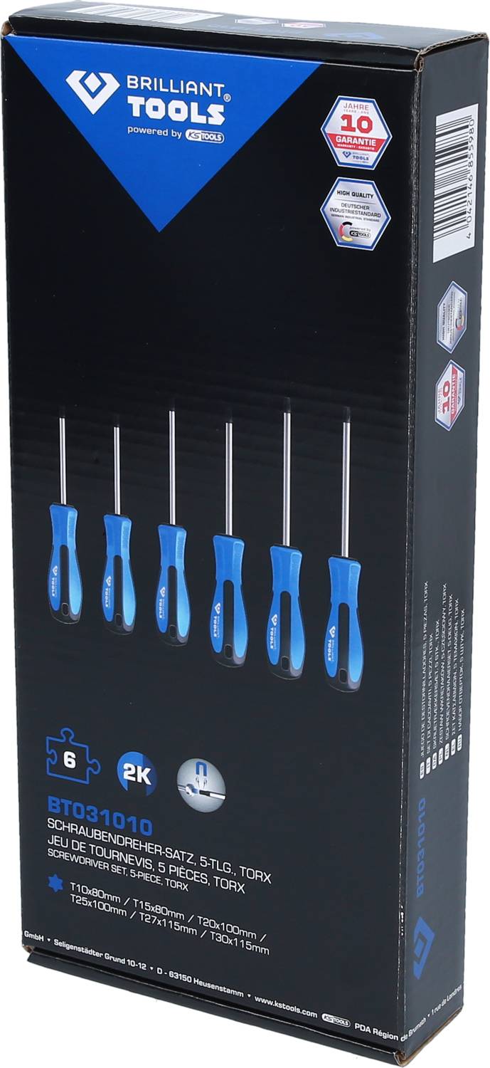 Sada šroubováků od Brilliant Tools v krabičce. Obsahuje 5 kusů. Na obrázku jsou šroubováky a technické detaily.