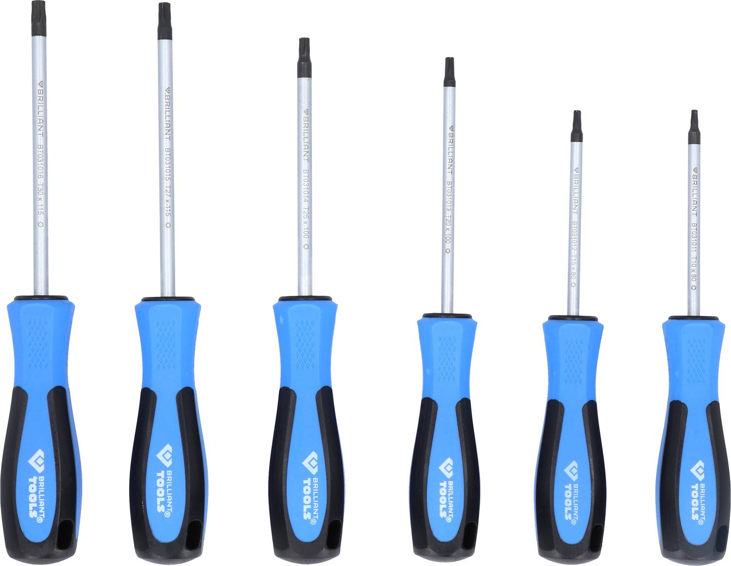 Šest šroubováků s modrými rukojeťmi, v různých velikostech, seřazených vedle sebe.