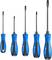 Pět šroubováků s modrými rukojeťmi, různé hroty: dva plochých a tři křížové. Seřazeny vertikálně, velikosti se liší.