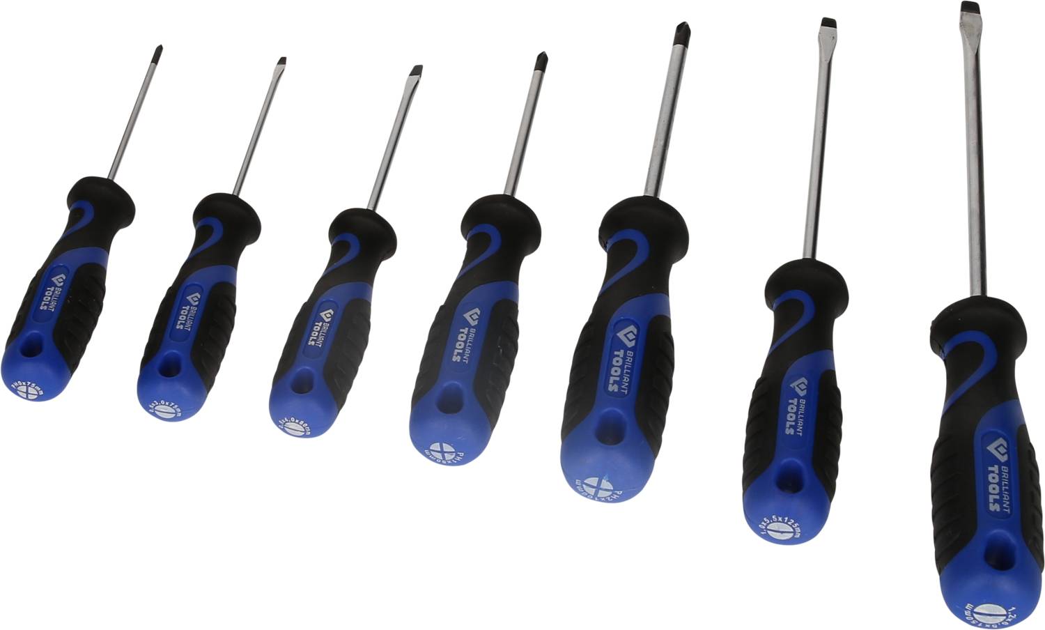 Sada modrých a černých šroubováků v různých velikostech, uspořádaných vedle sebe v postupné vzestupné řadě.