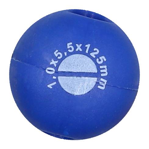 Modrý míč s bílým potiskem: '1,0 x 5,5 x 125 mm'.