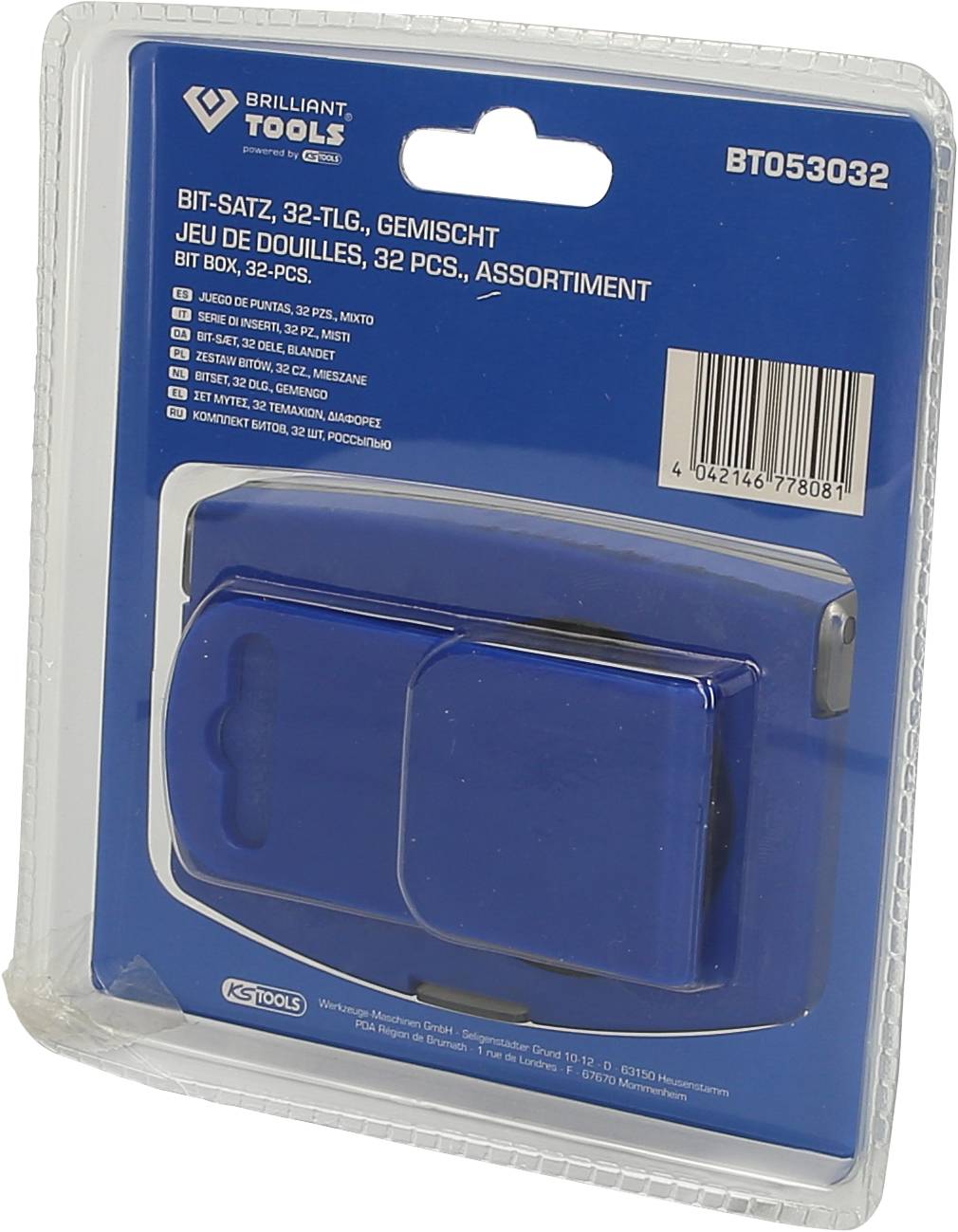 Modrý obal s 32dílnou sadou bitů od firmy Brilliant Tools, model BT053032. EAN kód je viditelný.
