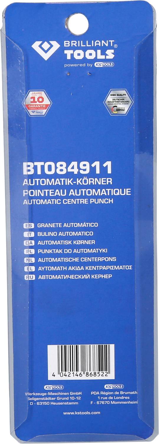 Nástroj "Brilliant Tools Automatik-Körner BT084911" na modré obaly, který obsahuje texty v několika jazycích a bezpečnostní certifikáty.