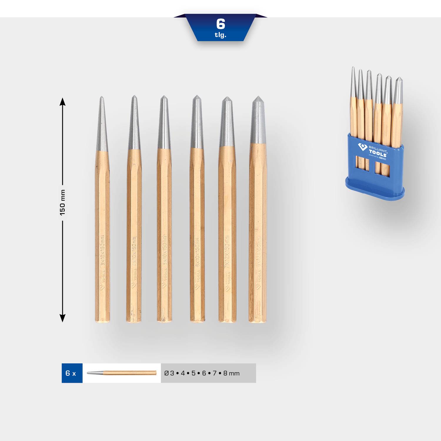 Šestidílná sada kulatých dlát v různých velikostech od 3 do 8 mm. Obsahuje držák pro snadné uskladnění.