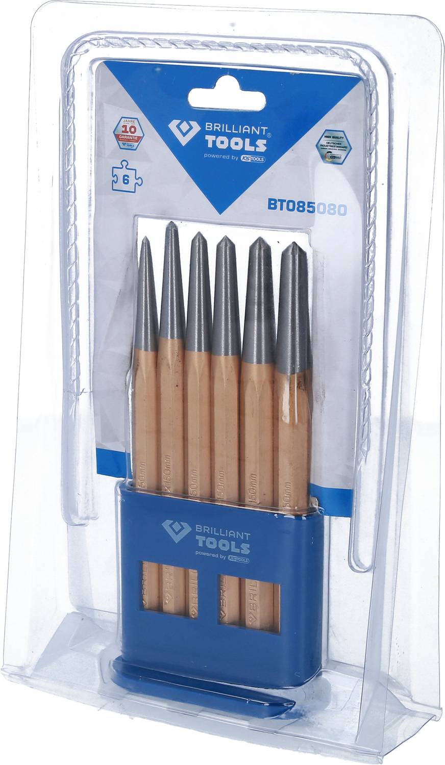 Sada rýsovacích jehel 'Brilliant Tools' BT085080 v plastovém obalu; obsahuje šest rýsovacích jehel s modrými držadly, vhodných pro přesné značení.