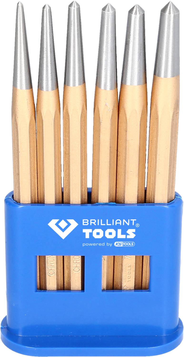 Šest stříbrných a zlatých zrn v modrém držáku s nápisem 'BRILLIANT TOOLS'.
