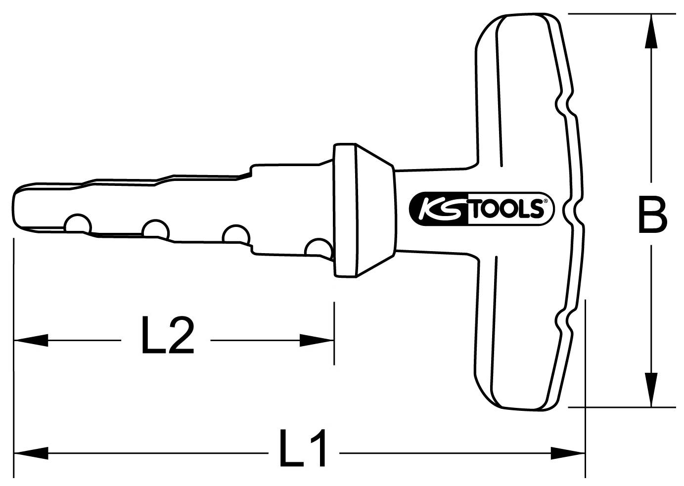 Technický výkres T-klíče s rozměry B, L1 a L2. Klíč má logo 'KS TOOLS'.