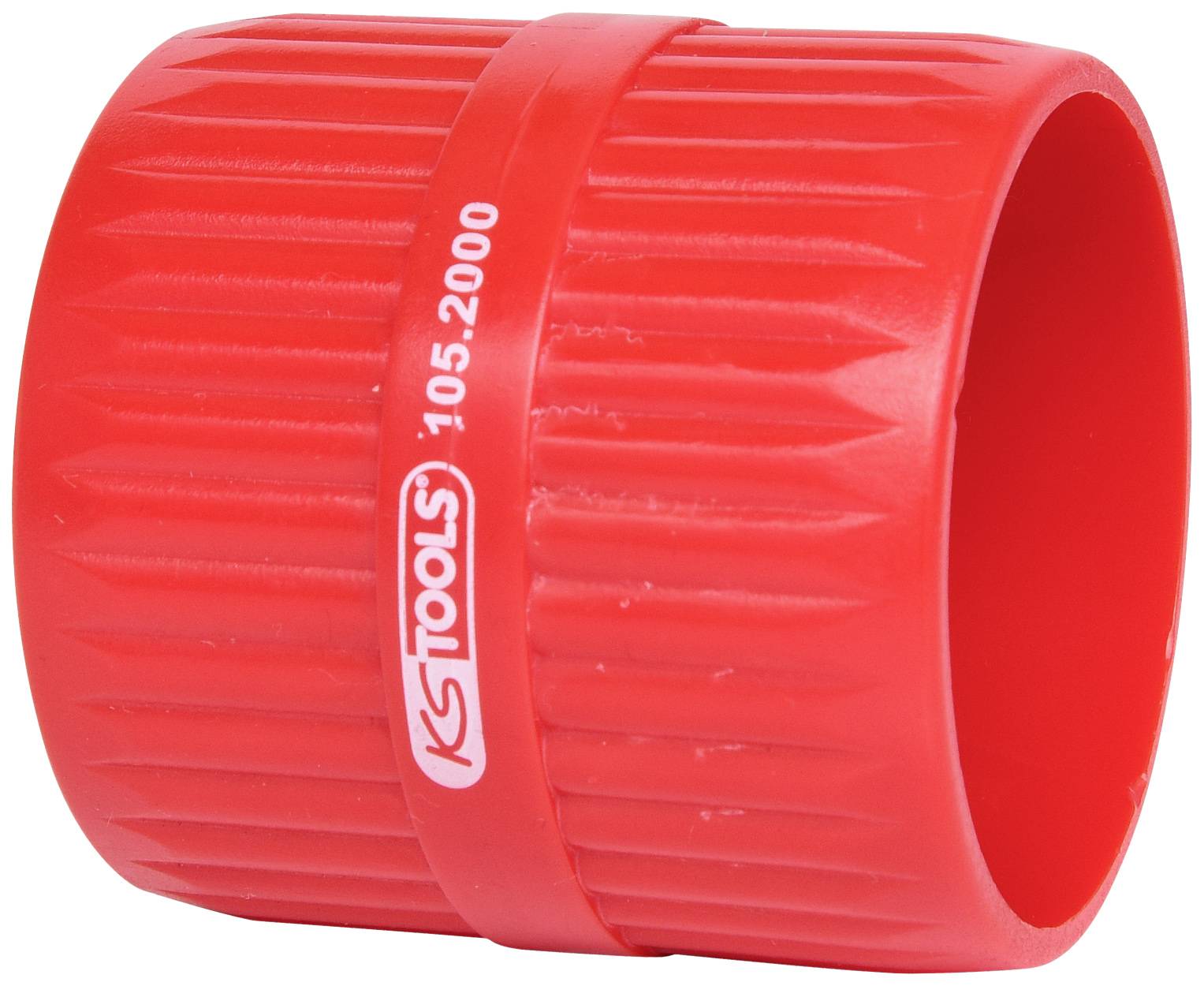 Červený řezač trubek KS Tools, modelové číslo 105.2000, určený pro čisté oddělování plastových trubek.