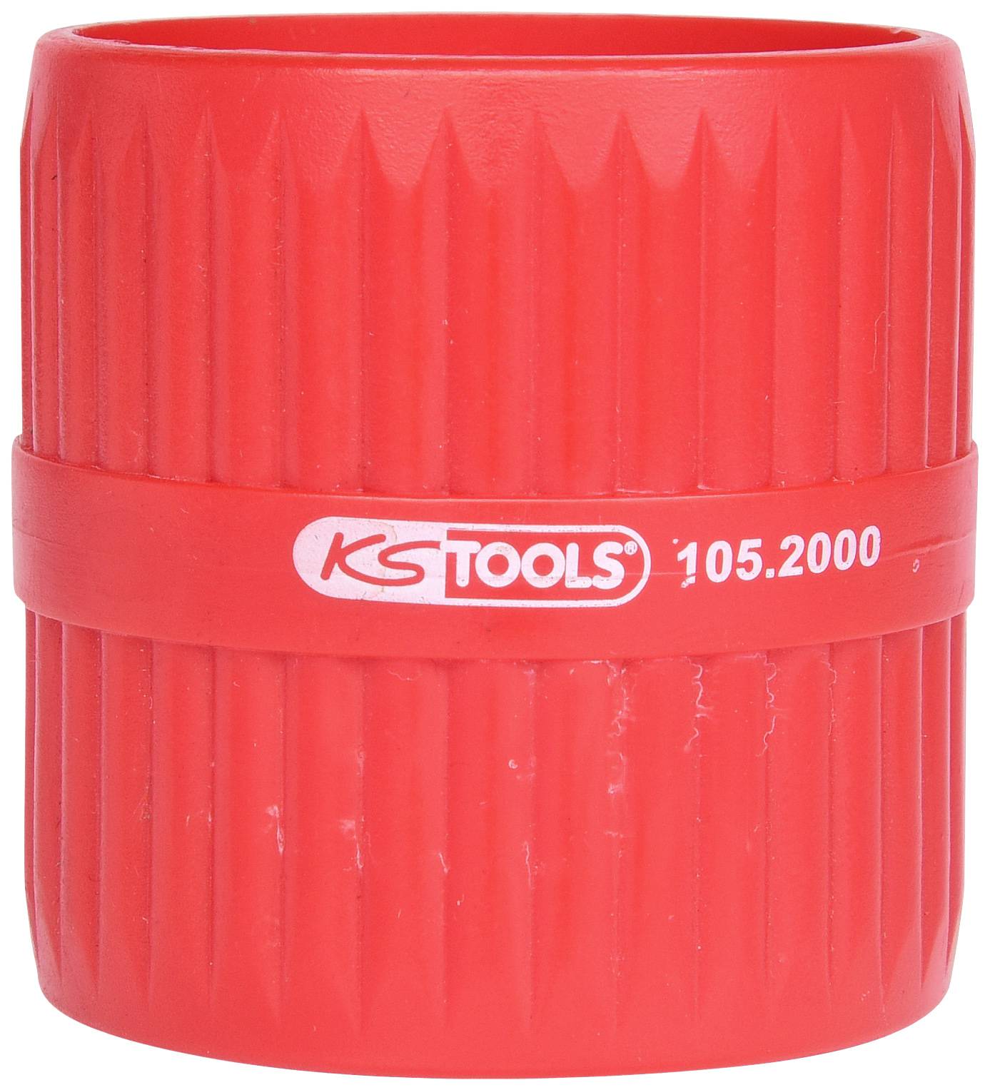 Červený trubkový odjehlovač s vroubkovaným povrchem, potištěný logem a modelovým číslem '105.2000' od společnosti KS Tools.