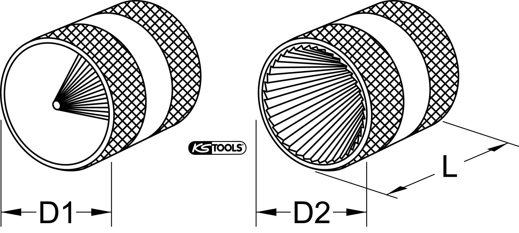 Ilustrace 'KS Tools' znázorňuje dva válce s různými průměry D1 a D2 a délkou L, oba s rýhovaným povrchem.