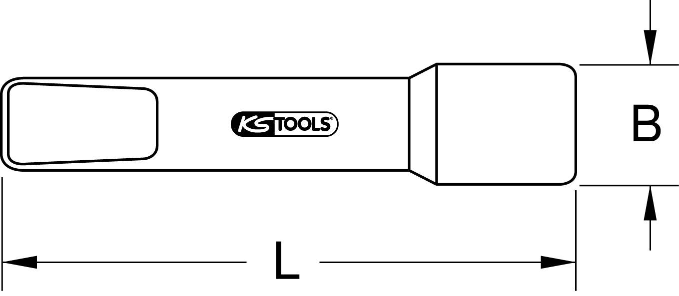 Nákres nástroje se středovým logem KS Tools. Rozměry šířky (B) a délky (L) jsou vyznačeny.