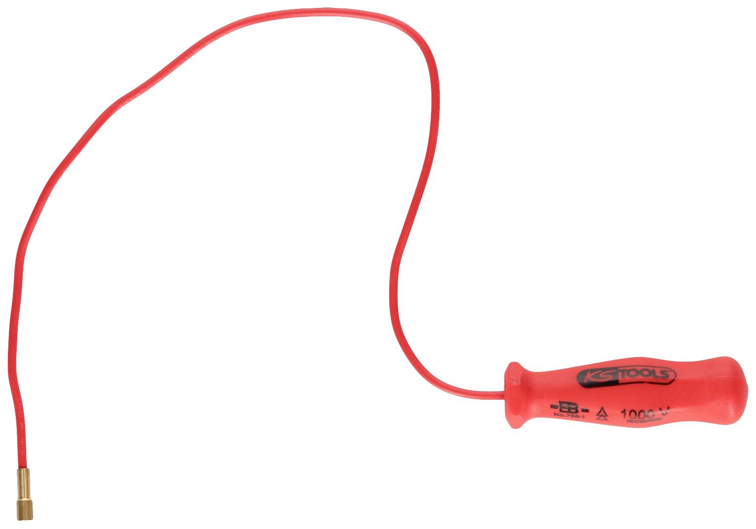 Červený měřicí kabel na zkoušení napětí s izolovanou rukojetí a měřicím hrotem. Vhodný pro kontrolu elektrických vedení na přítomnost napětí.