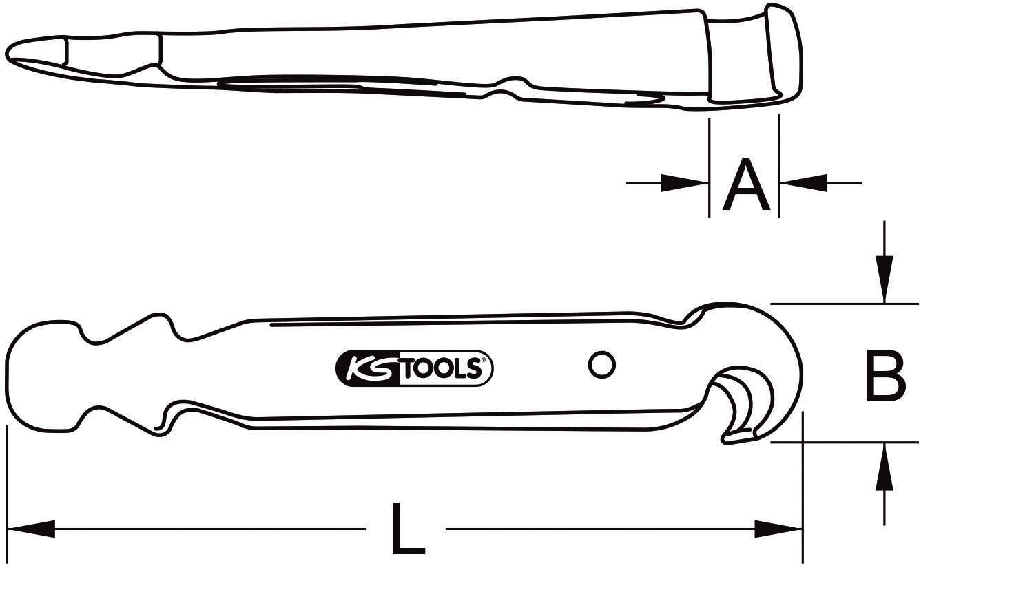 Technický výkres nástrčného klíče od 'KS Tools' s rozměry A a B a celkovou délkou L.