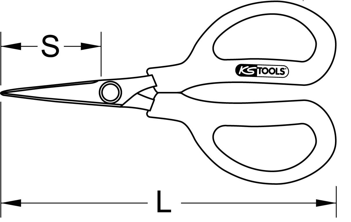 Nůžky s měřítkem: 'S' označuje délku čepele, 'L' označuje celkovou délku. Logo značky 'KS Tools' na rukojeti.