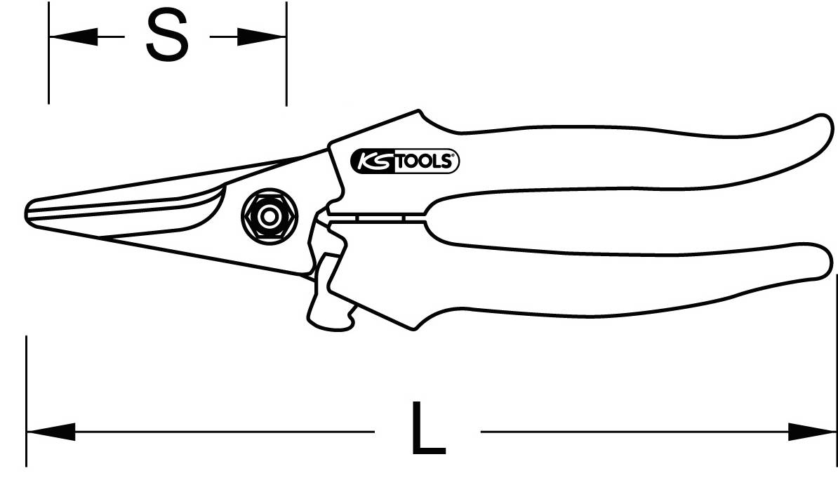 Obrázek špičaté kleště od KS Tools s rozměrovými údaji 'S' pro šířku a 'L' pro délku.