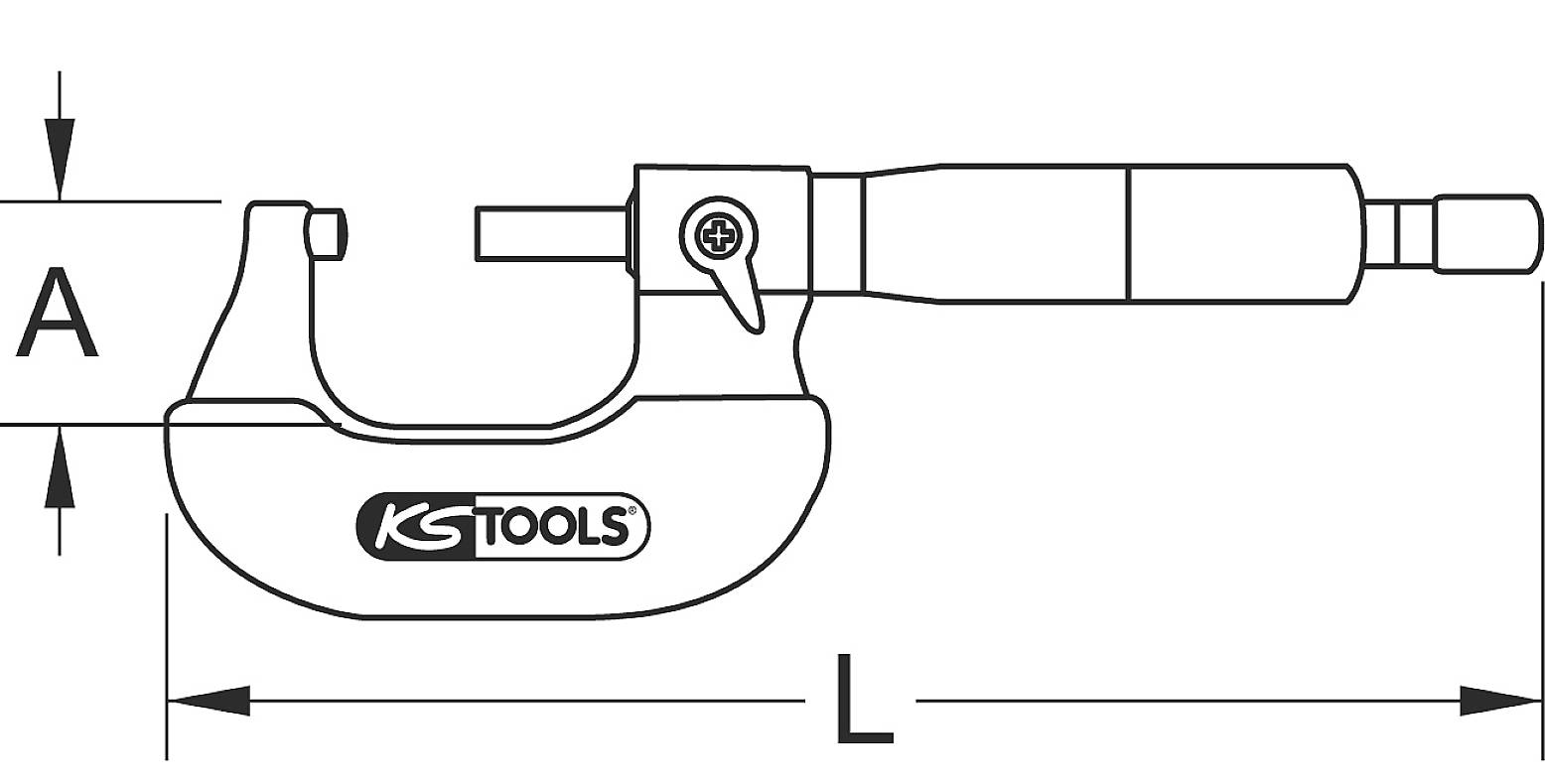 Obrázek posuvného měřítka od KS Tools. Znázornění rozměrů A a L na stranách přístroje.