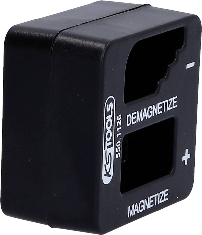 Černošedý magnetizér/demagnetizér od KS Tools se dvěma otvory pro magnetizaci a demagnetizaci nástrojů.