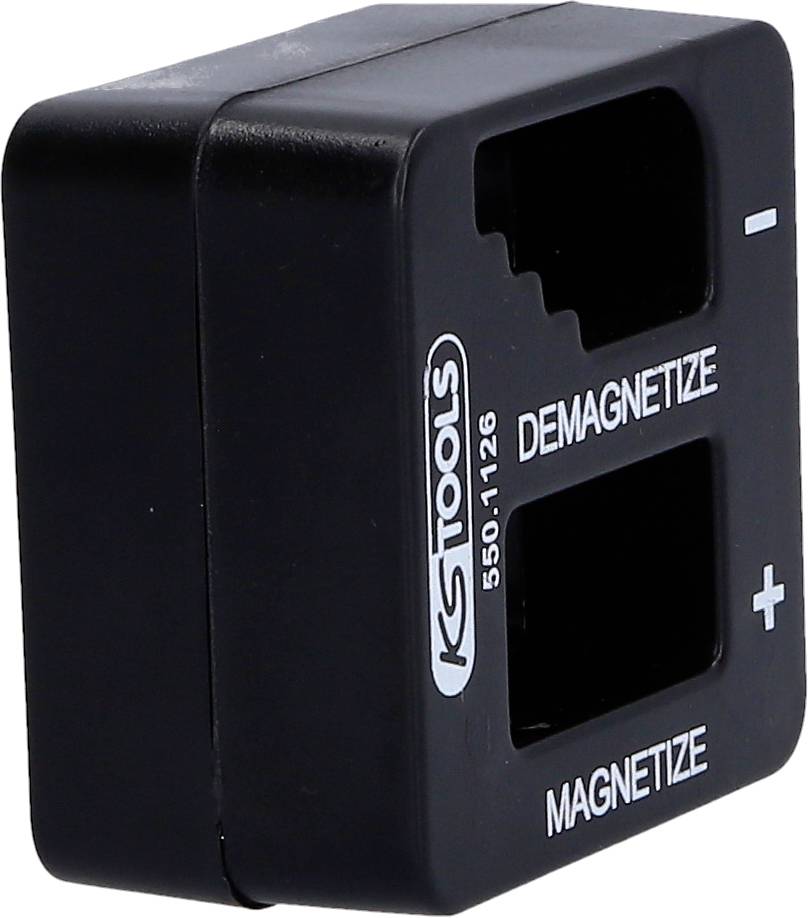 Černý magnetizér/demagnetizér pro nástroje s plus a minus značkami od KS Tools.