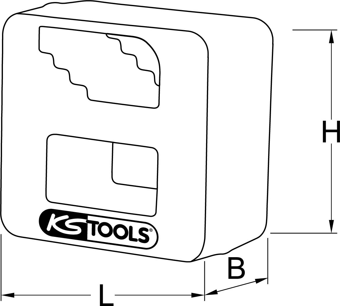 Ilustrace čtvercového nástroje s vlnkovitým profilem otvoru a logem 'KG Tools'. Rozměry: D, Š, V.