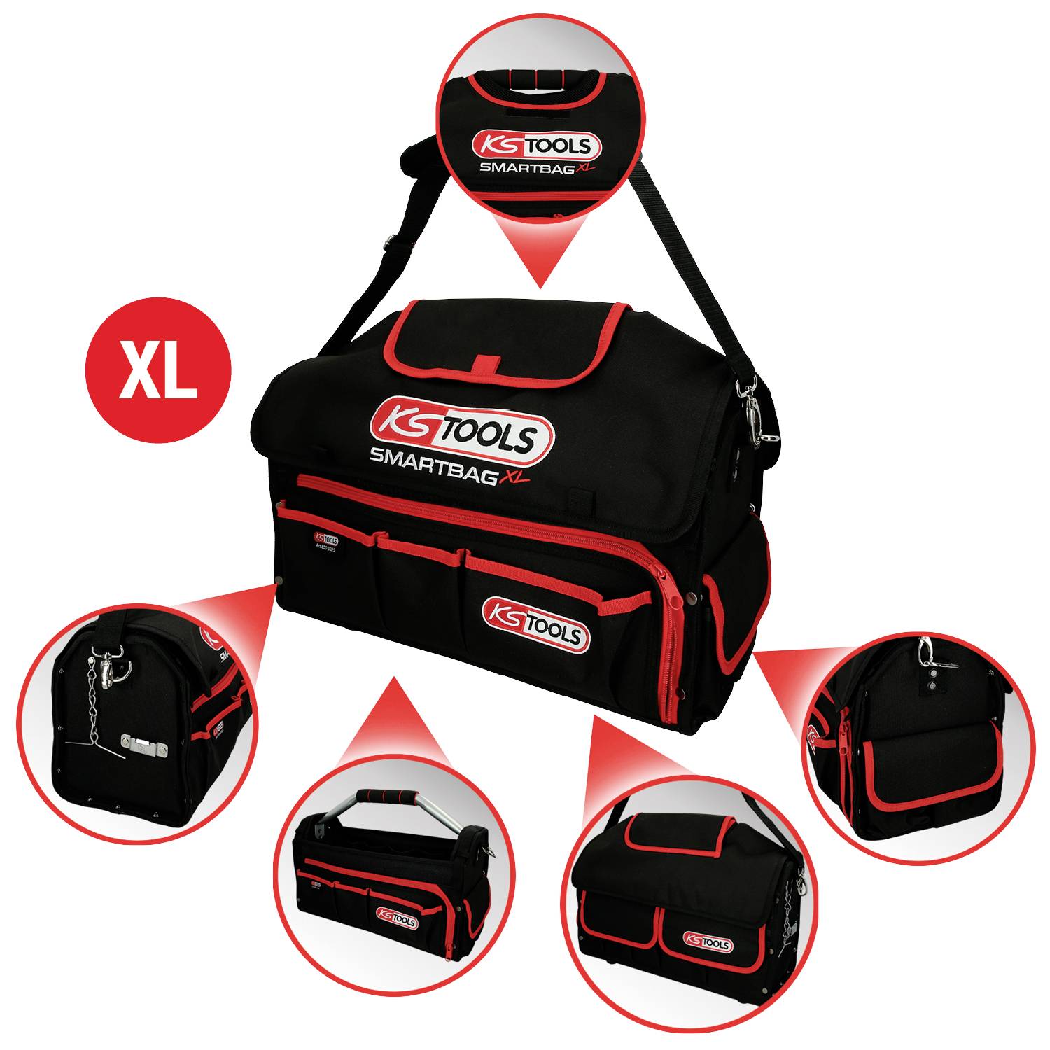Brašna na nářadí 'KS Tools Smartbag XL' v černé barvě s červenými akcenty. Velký hlavní prostor, několik vnějších kapes a zpevněné dno. Včetně transportního popruhu.