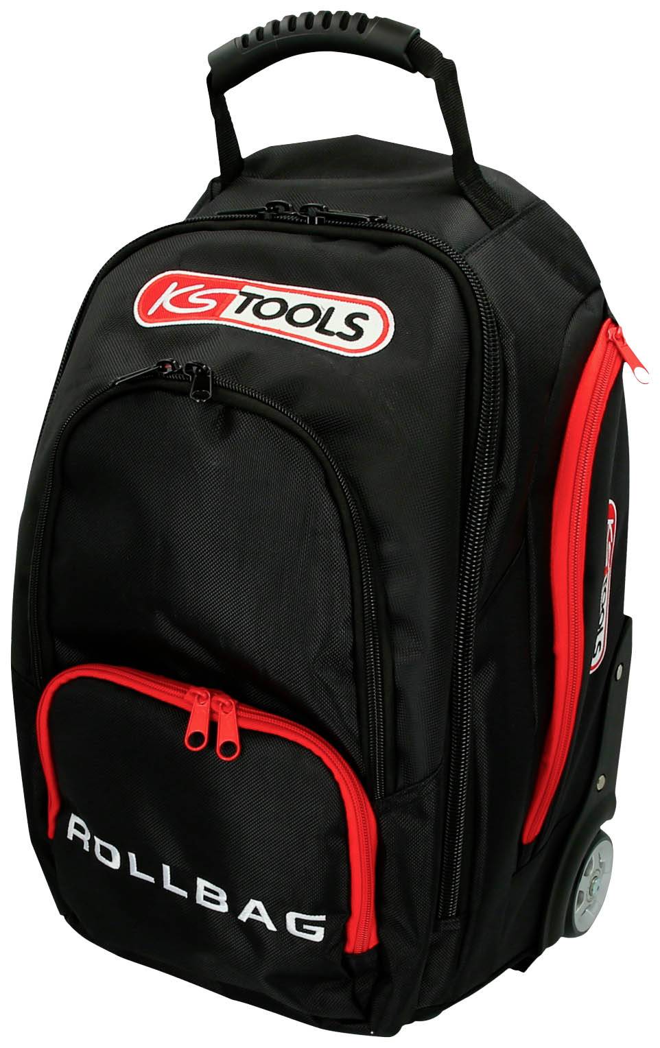 Černý batoh s červenými zipy a logem 'KS Tools'. Batoh je vybaven kolečky a výsuvnou rukojetí.