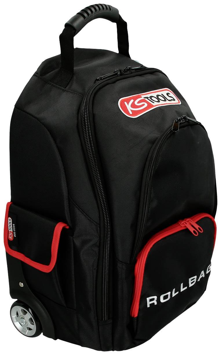 Černý pracovní batoh s červeným lemováním, logem značky a nápisem 'Rollbag'. Má kolečka a výsuvnou rukojeť.