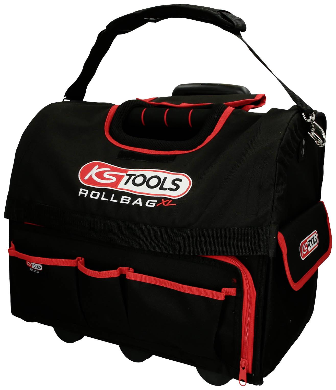 'KS Tools Rollbag XL', černá brašna na nářadí s červeným lemováním a několika kapsami, ideální pro přepravu nářadí.