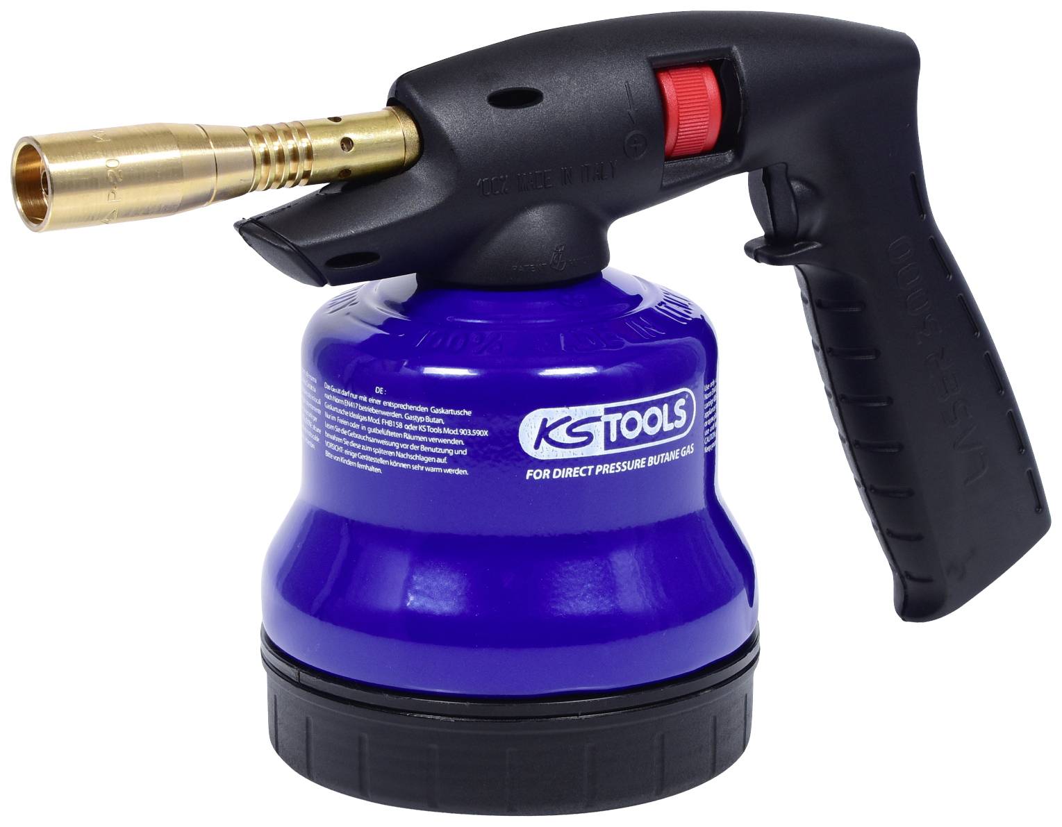 Pájecí lampa s modrým tankem a černou rukojetí. Vhodná pro místní ohřev. Na tanku je vytištěno logo 'KS Tools'.