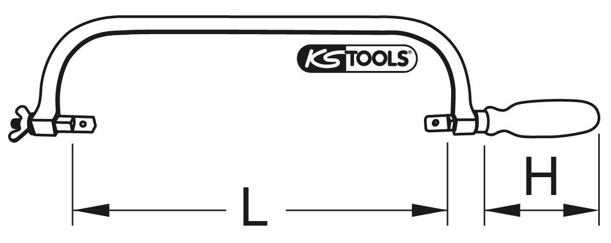 Oblouková pila od KS Tools, zobrazující rozměry D pro délku a V pro výšku, s dřevěnou rukojetí a kovovým pilovým listem, obrázek v černobílém provedení.