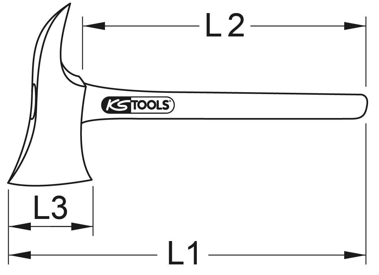 Kresba sekery s popisky délek L1, L2 a L3. Text 'KS Tools' na topůrku sekery.