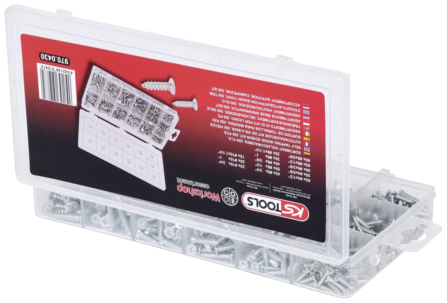 Plastový box se šrouby, průhledný materiál. Obsahuje různé typy a velikosti šroubů. Červený štítek s detaily produktu.