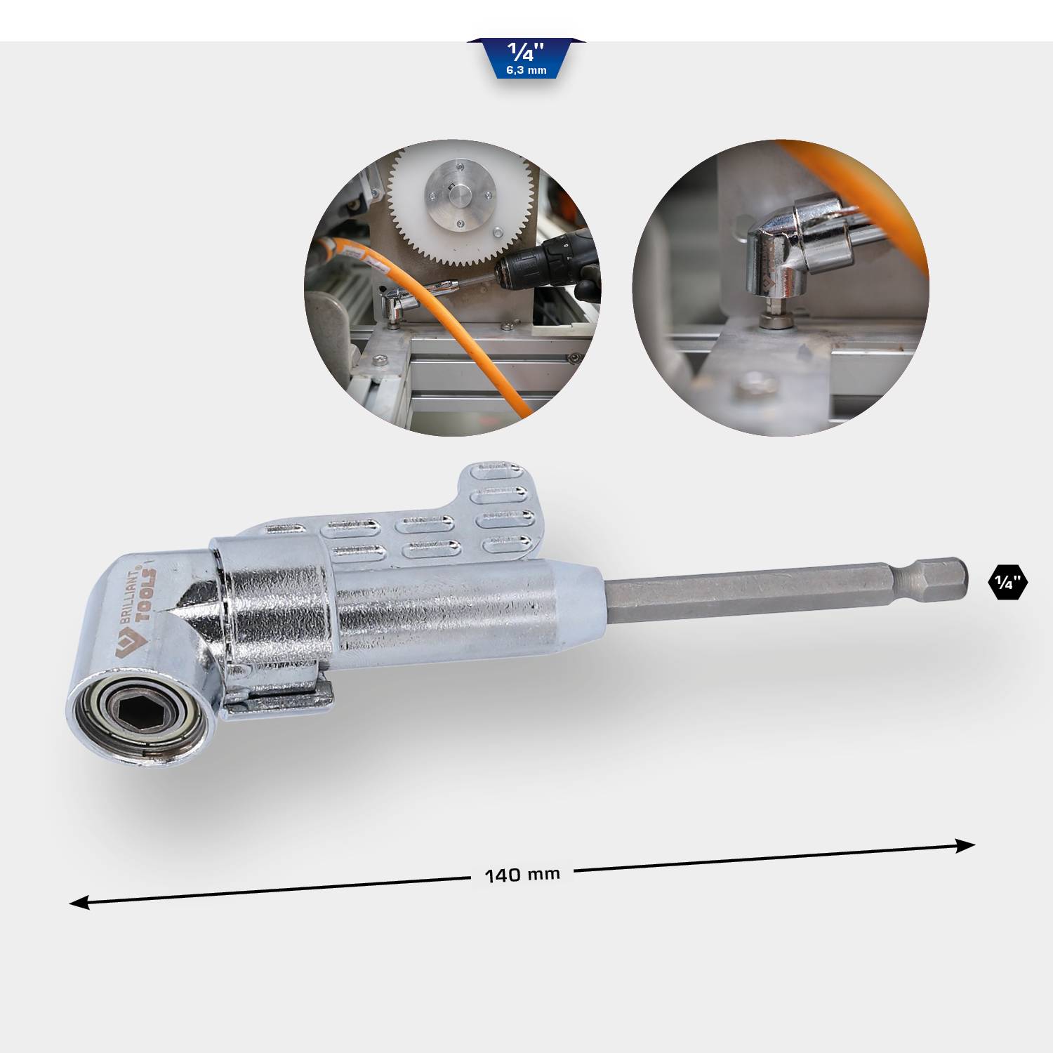 Úhlová vrtací přípravka s 1/4palcovým připojením, délka 140 mm, vhodná pro těsné prostory; nahoře detaily použití u převodovky.