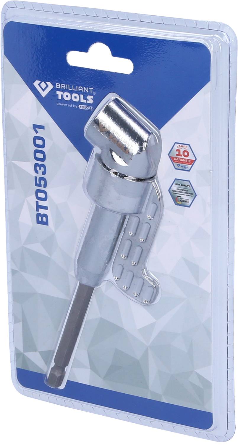 Úhlový držák bitů 'Brilliant Tools BT053001' předvedený v balení, vhodný pro použití bitů v obtížně dostupných místech.