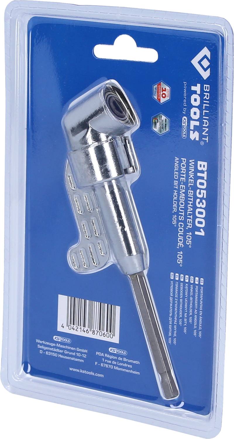 Sada úhlových bitů v obalu od Brilliant Tools. Obsahuje chromovaný držák bitů s úhlem 105 stupňů, malou sadu nástrojů.