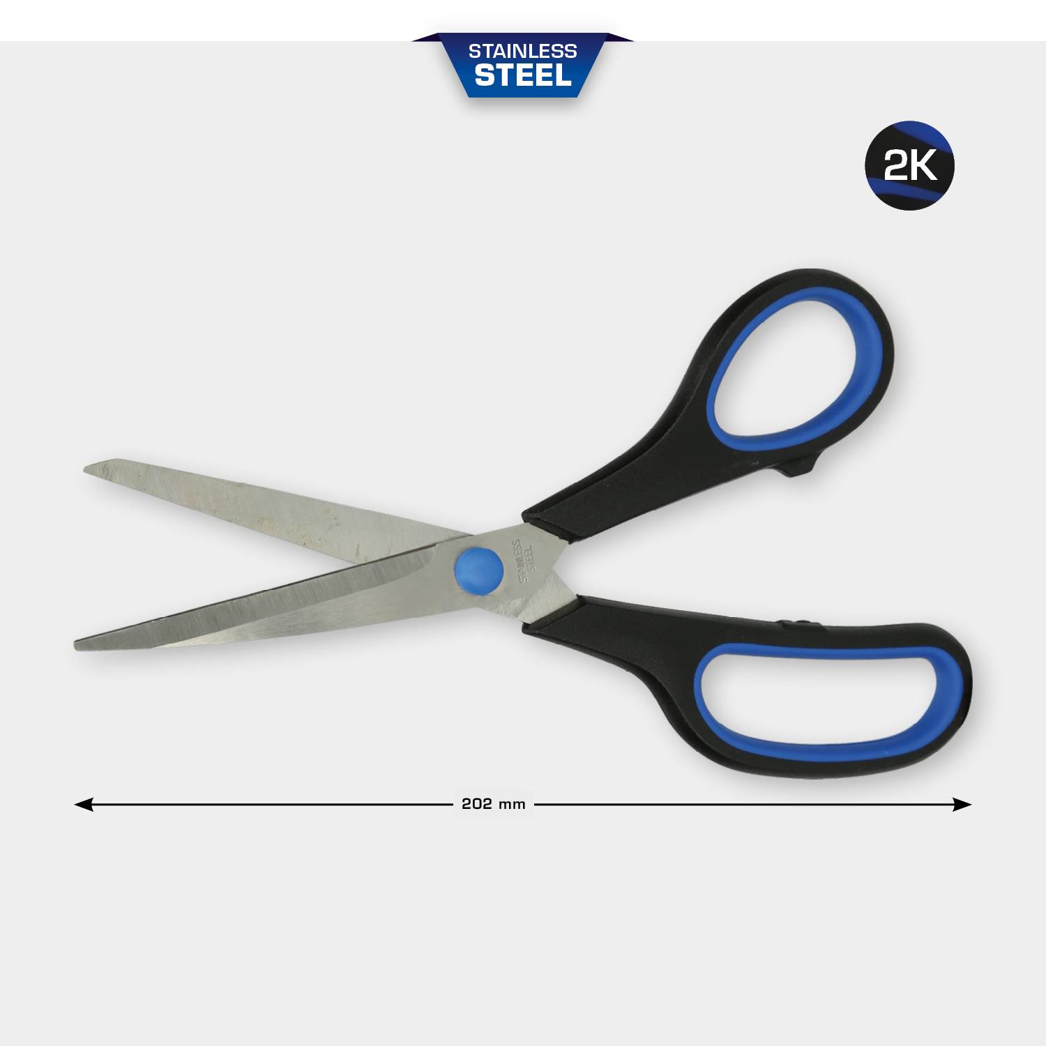 Nůžky z nerezové oceli s modro-černou rukojetí. Délka: 202 mm.
