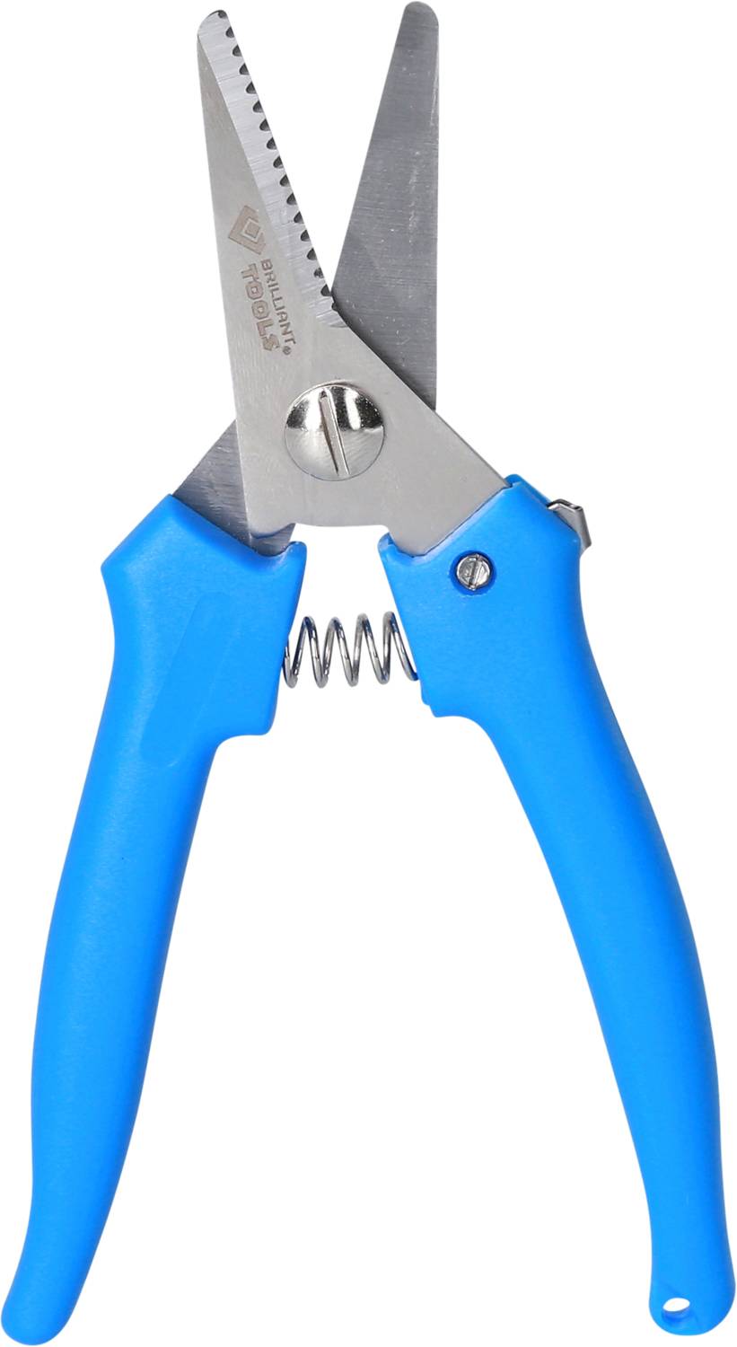 Nůžky s modrými rukojeťmi a zubatými čepelemi, vhodné pro řezání lehkých materiálů.