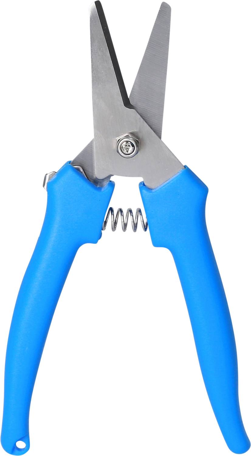 Modré nůžky s rovnými čepelemi a pružinovým mechanismem, často používané pro zahradnické práce.