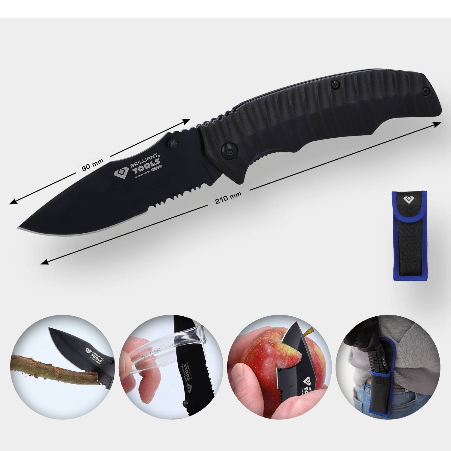 Kapesní nůž se zubaným ostřím, 210 mm dlouhý, čepel 90 mm. Fotografie ukazují použití: řezání větví, loupání jablek, kapsa u kalhot.