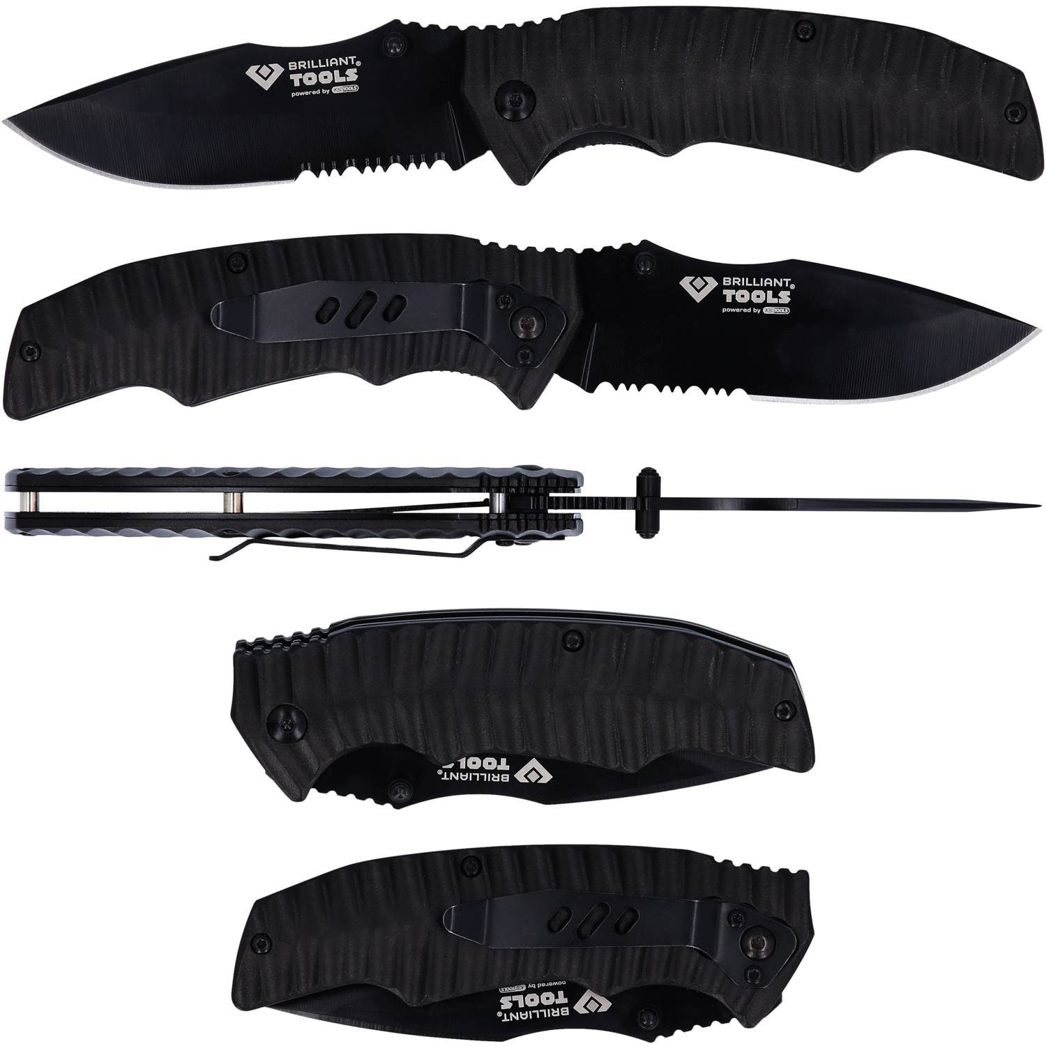 Pět černých kapesních nožů zobrazených v různých polohách, s tvarovanou rukojetí a logem Brilliant Tools.