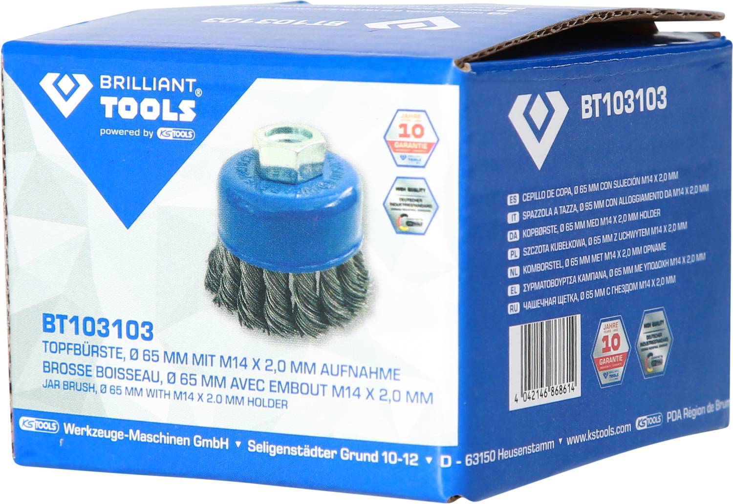 'Brilliant Tools BT103103 hrnková kartáč, 65 mm, s M14 x 2,0 mm upínáním.' Obrázek kartáče v obalu s technickými údaji výrobku.
