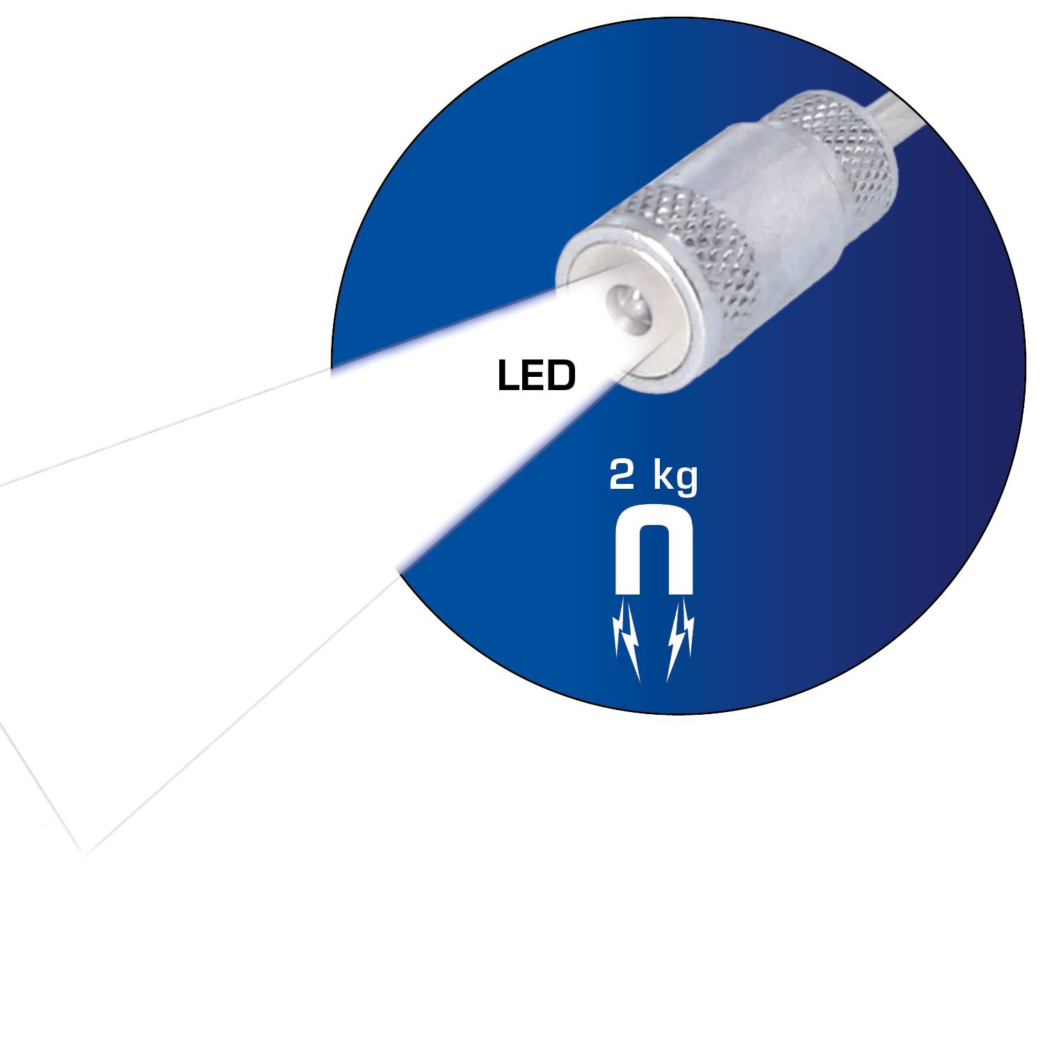 Kulatý magnet s LED osvětlením, unese až 2 kg váhy, modré pozadí. Magnetický symbol je zobrazen.