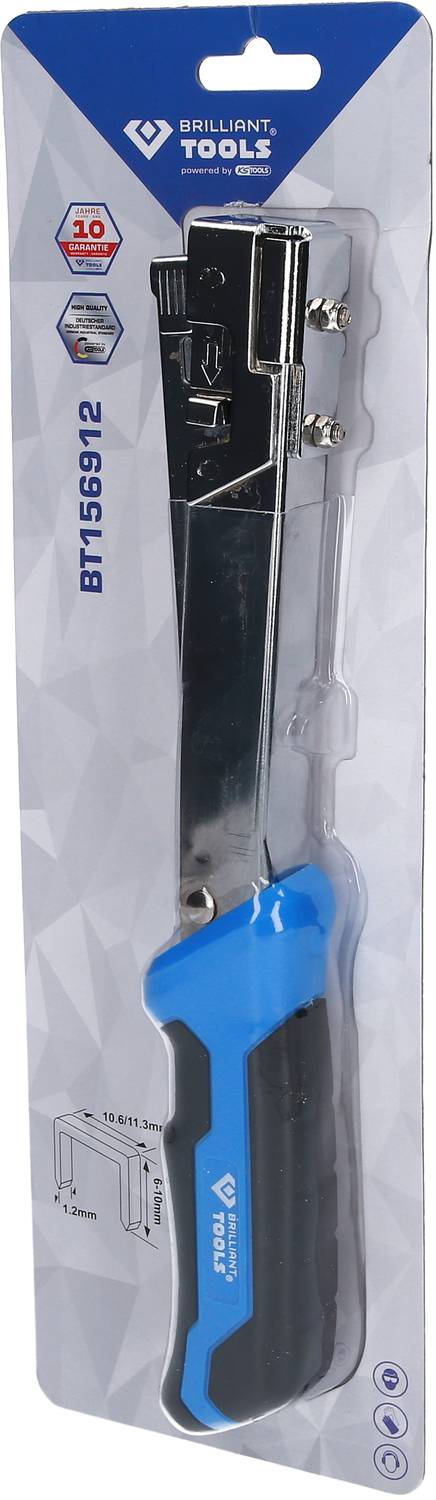 Sponkovací pistole v obalu s modrým držadlem, značka 'Brilliant Tools', model 'BT165912', propagovaná s '10letou zárukou'.