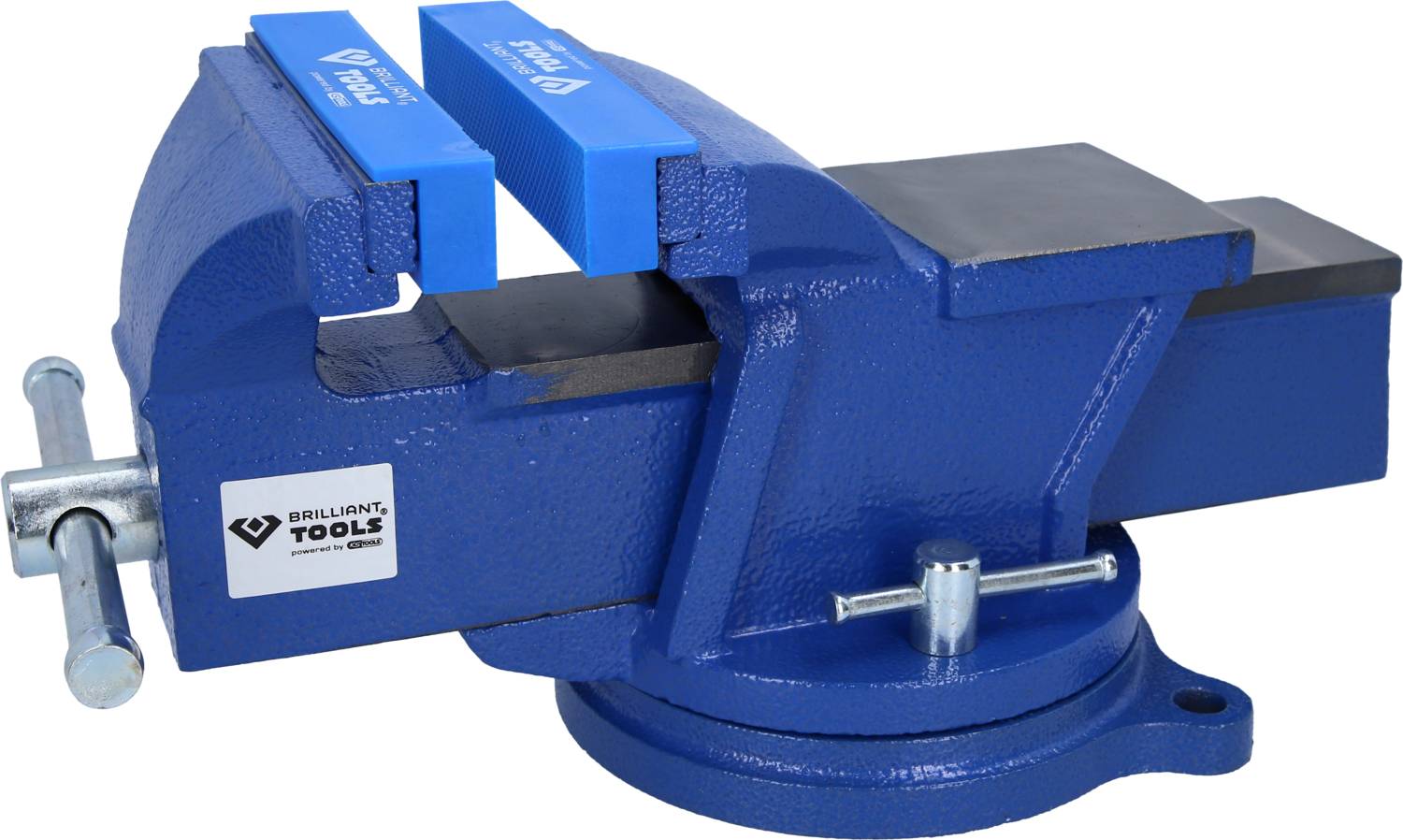 Modrý kovový svěrák s stříbrnou rukojetí a logem značky.