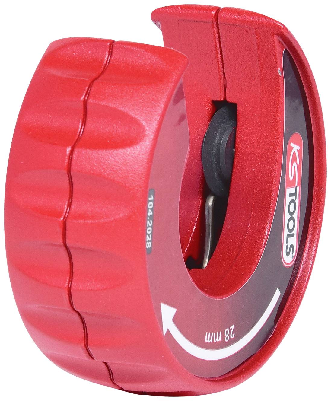 Červený řezací nástroj na trubky s vroubkovanou rukojetí a čepelí pro trubky o průměru 28 mm, vhodný pro přesné a čisté řezy.