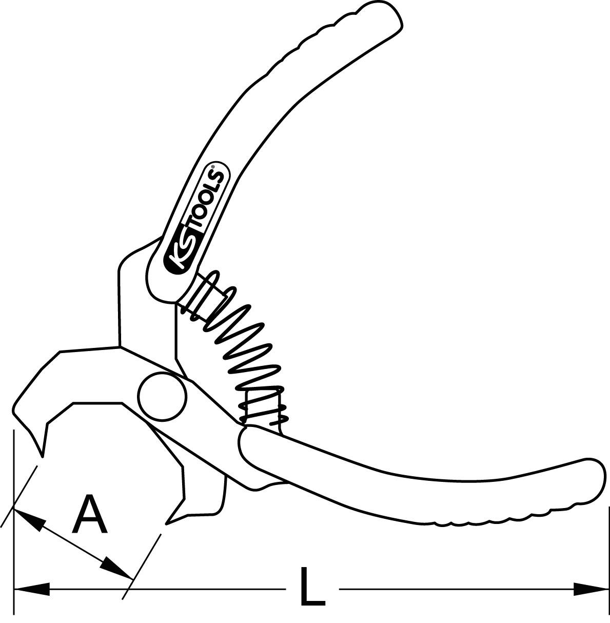Kleště s pružinovým mechanismem, označené 'A' a 'L' pro měření úchopového dosahu a celkové délky.
