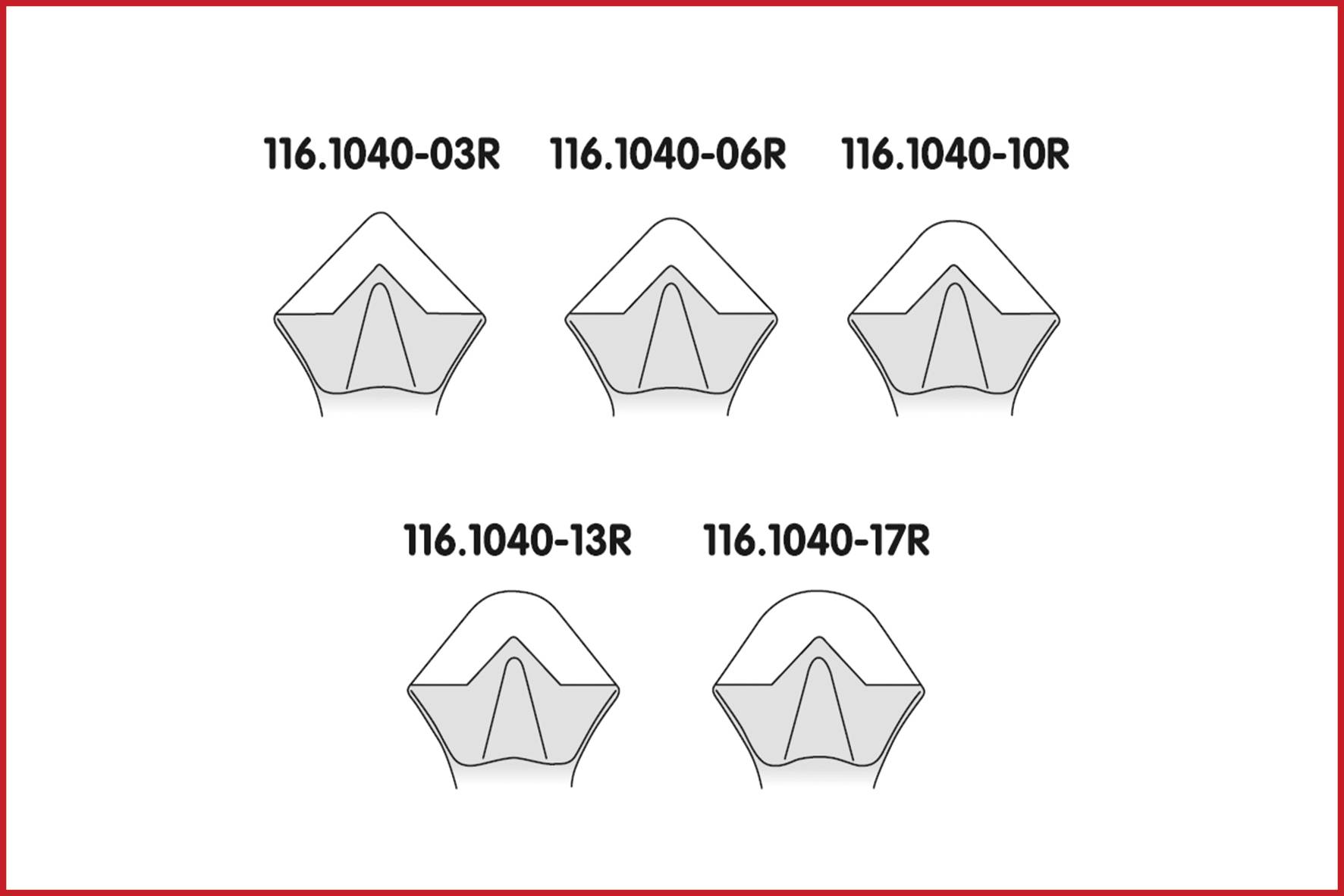 Pět šedých diagramů ukazuje různé profily křídel, každý s označením: '116.1040-03R', '116.1040-06R', '116.1040-10R', '116.1040-13R', '116.1040-17R'.